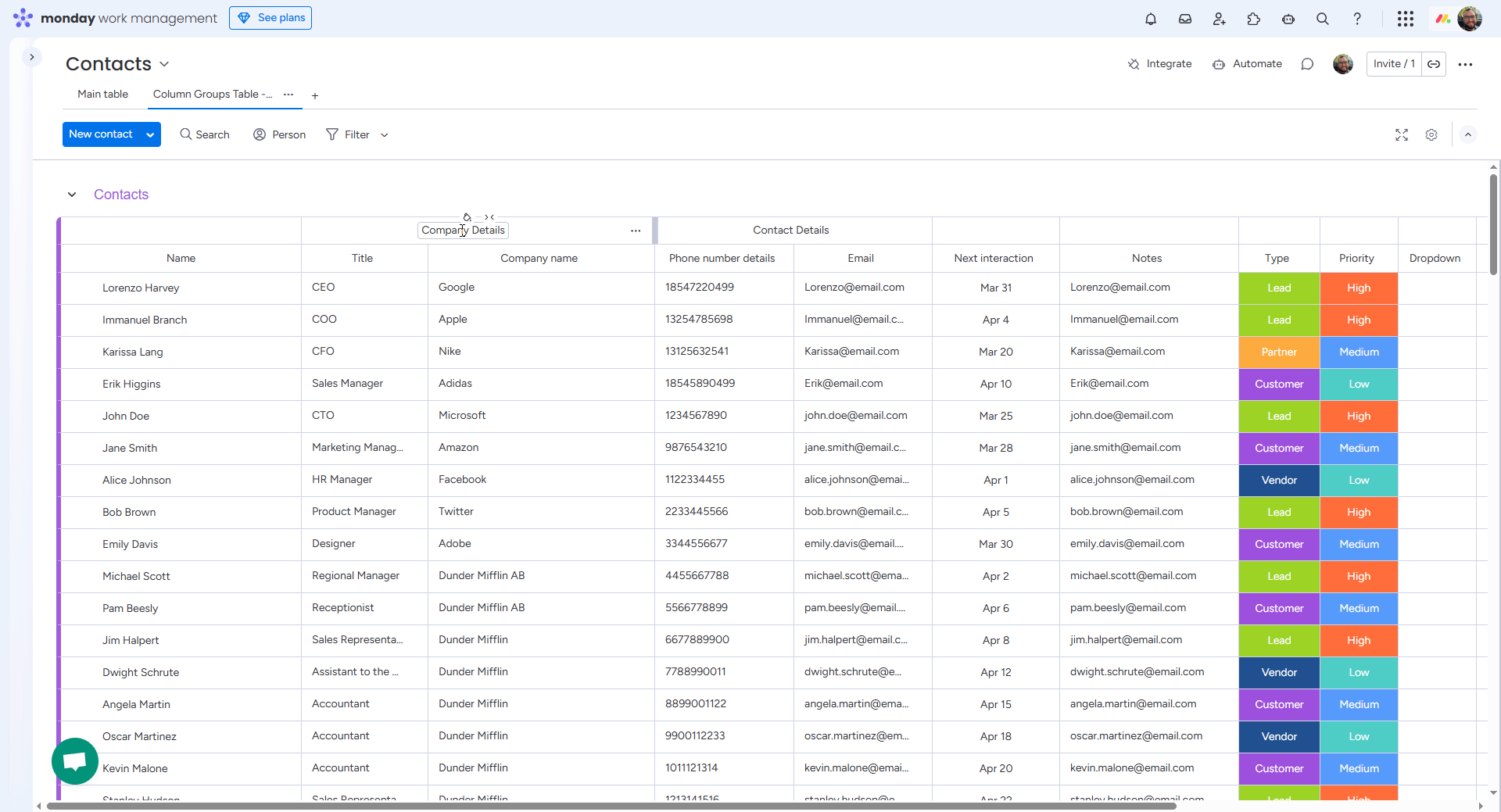 Example of coloring column groups