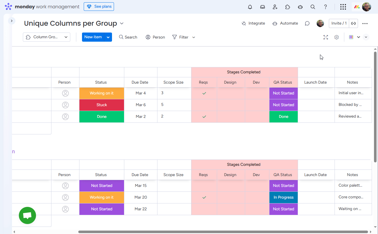 Switching between global column groups and per-item-group column groups
